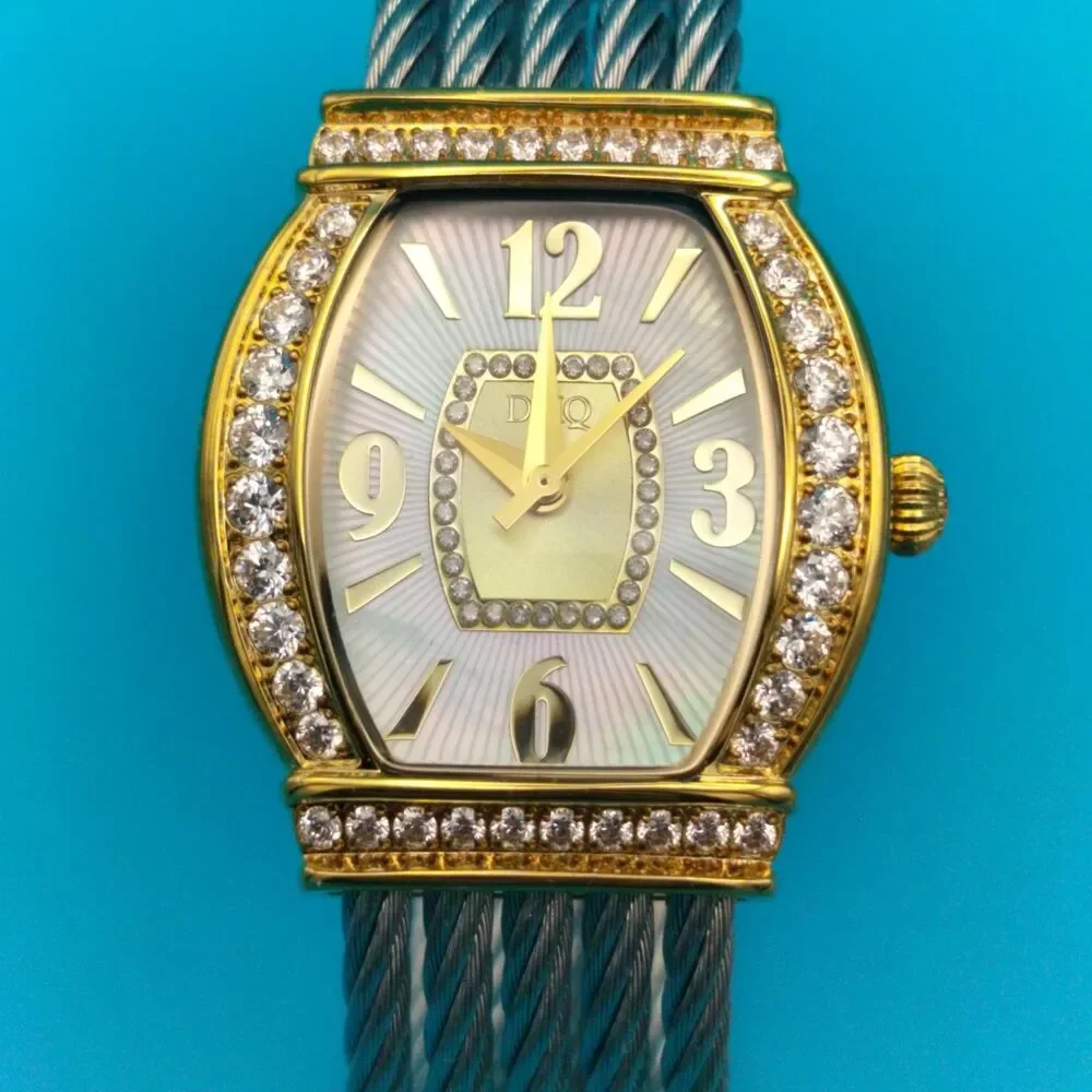 DMQ Women's Gold Tone Cubic Zirconia Mother of Pearl Dial Cable Bangle Watch